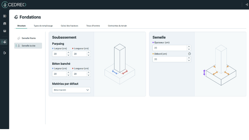 image de l'Interface des paramètres structures de fondations dans le logiciel Cedreo