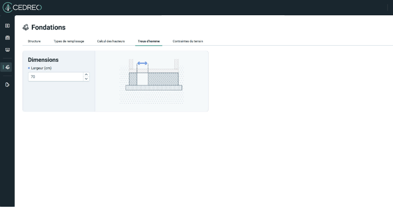 image de l'interface des paramètres des trou d'homme pour les fondation sur le logiciel Cedreo