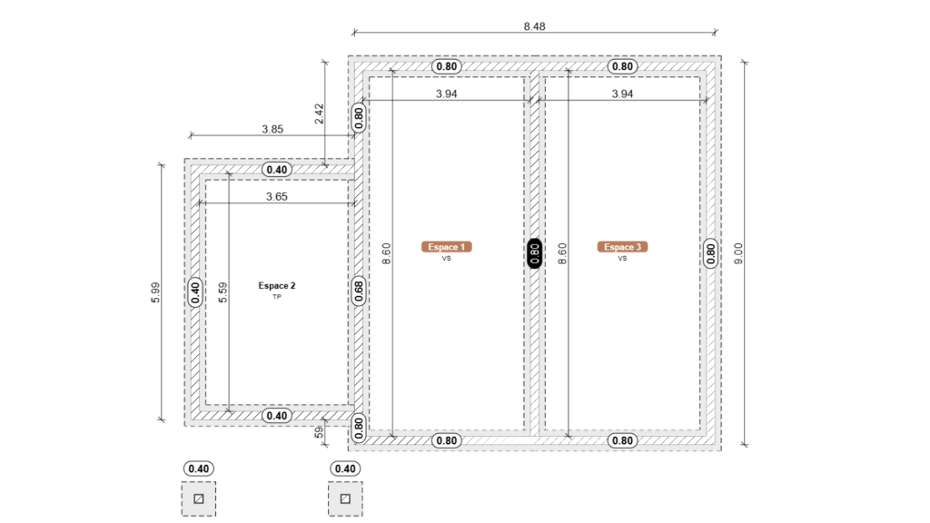 Plan de fondations d'un maison avec différentes zones de remplissage par Cedreo