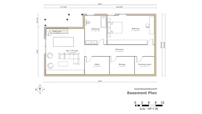 2D floor plan of a basement drawn with Cedreo