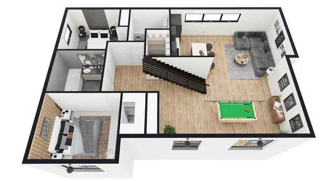 3D basement layout with entertainmen,t zones designed with Cedreo