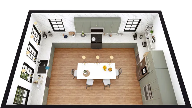 3D floor plan of a U-shape kitchen by Cedreo contractor software