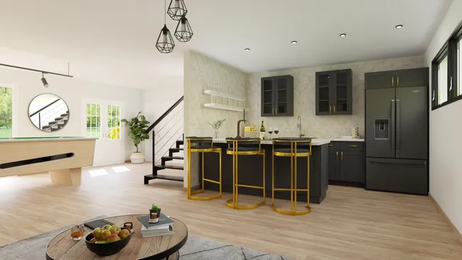 3D render of a wet bar in a basement designed with Cedreo