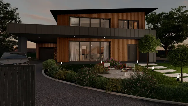 3D render of a wooden modern house designed with Cedreo
