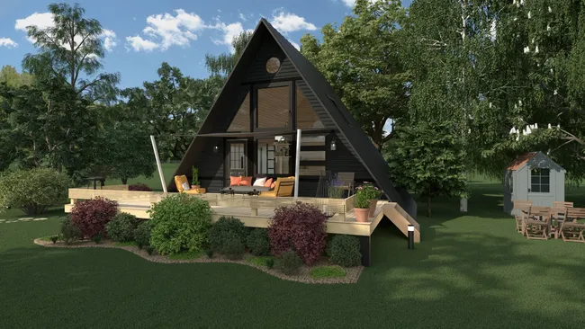 3D render of a A-frame tiny house designed with Cedreo