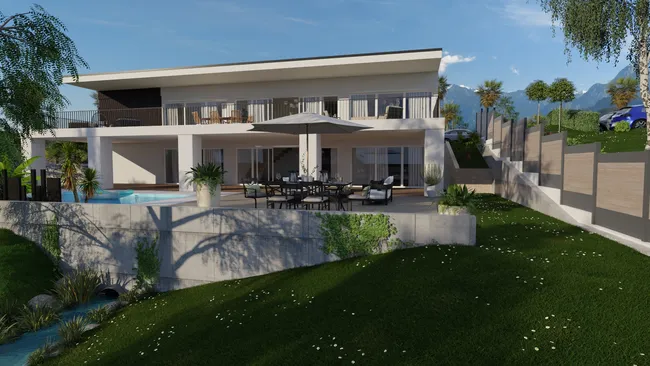 3D render of the rear facade of a modern house designed with Cedreo