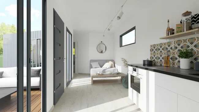 Tiny house kitchen 3D render by Cedreo