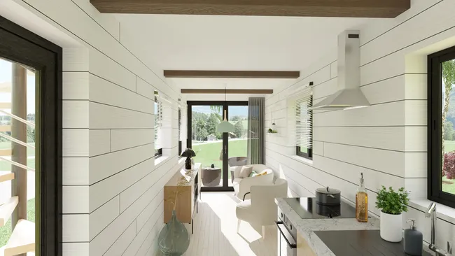 3D render of living in a tiny house by Cedreo