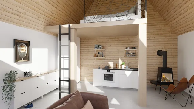 Interior 3D render of a tiny house with loft bedroom by Cedreo