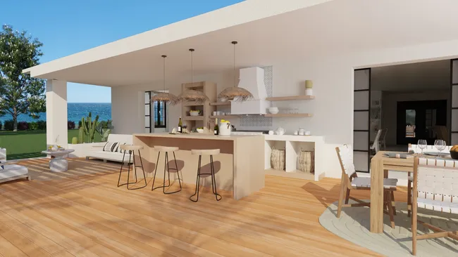 3D render of an outddor kitchen designed with Cedreo
