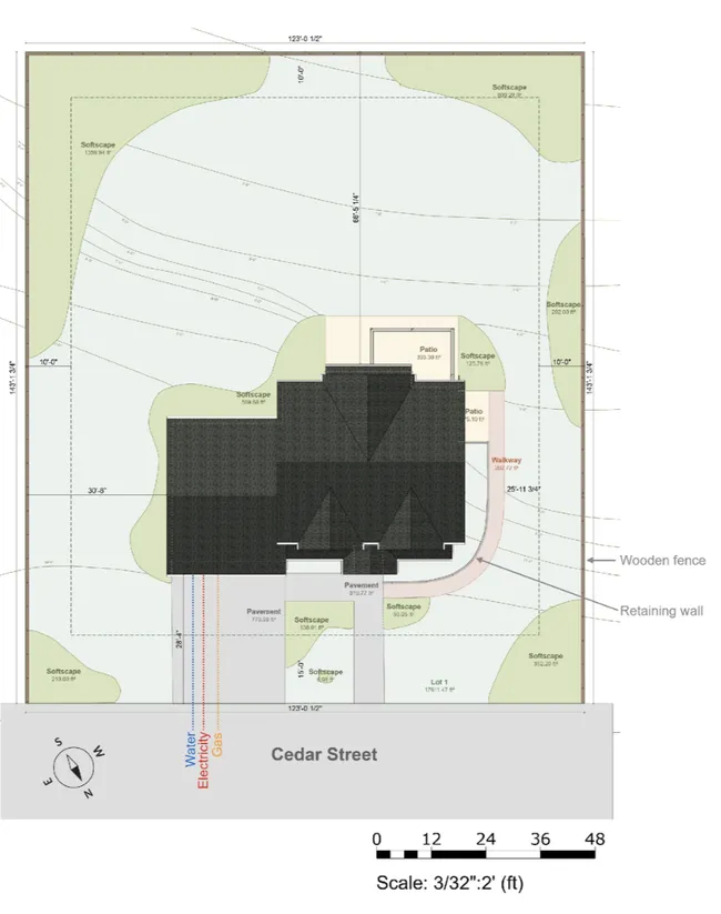 2D site plan of a modern farmhouse created with Cedreo