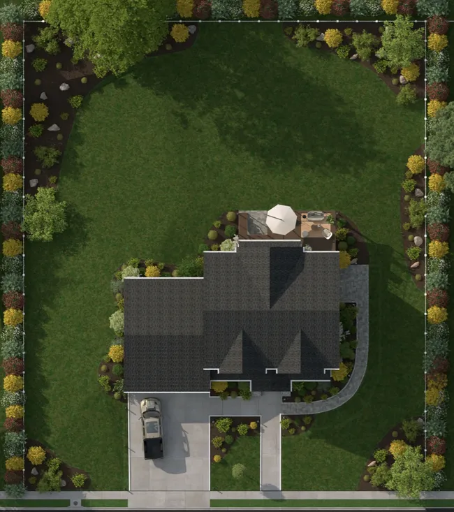 3D site plan of a modern farmhouse created with Cedreo