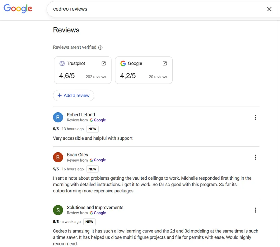 Cedreo customer reviews on Google