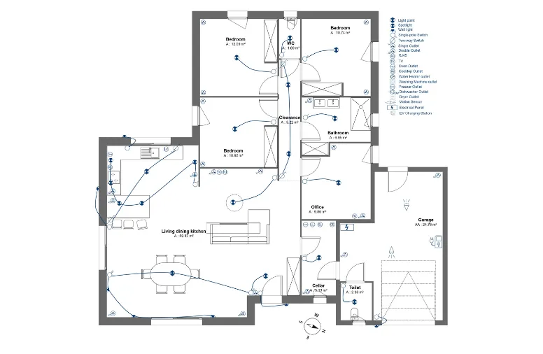 Electrical plan of a one-story house made with Cedreo