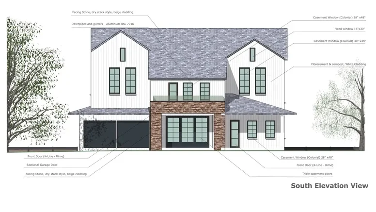 South elevation view of a Craftsman house with exterior elements made with Cedreo software for contractors