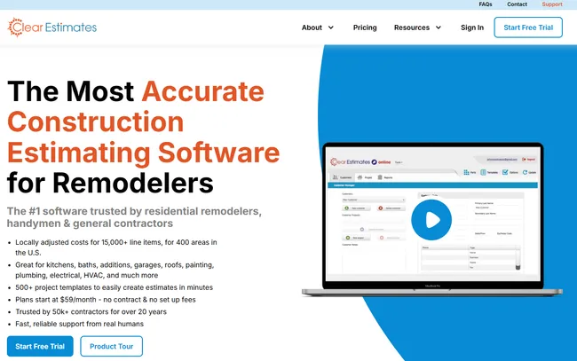 screenshot home page Clear Estimates