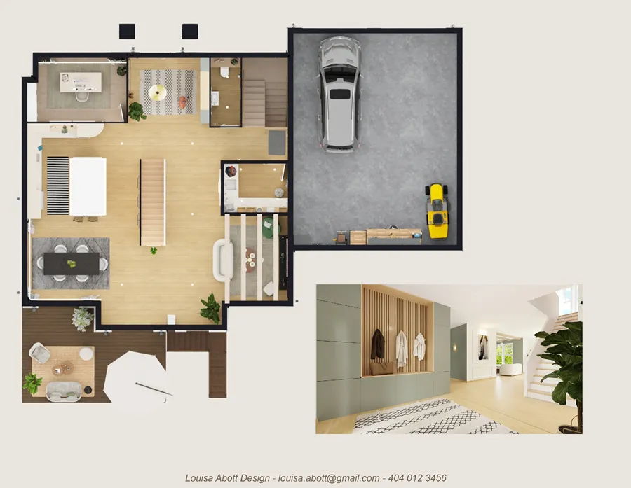Interior design board with 3D floor plan example by Cedreo