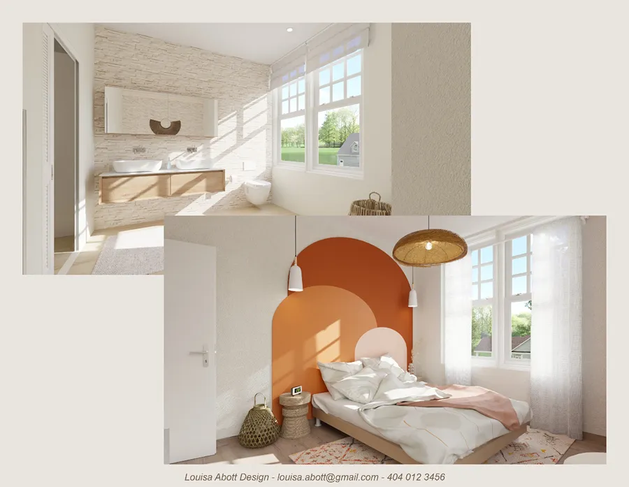 Interior design board example with 3d renderings by Cedreo