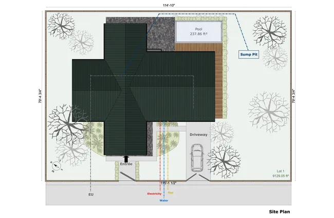 Site plan with symbols and annotations of a Ranch house designed with Cedreo contractor software