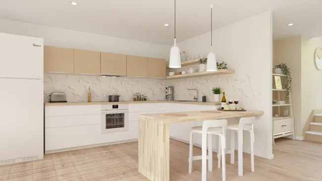 Renderización 3D de una cocina blanca diseñada con Cedreo