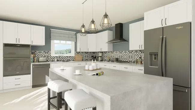 Representación en 3D de una cocina de alta tecnología diseñada con Cedreo.