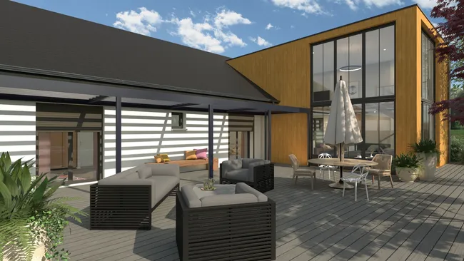 Renderización 3D de una casa con ampliación modular diseñada con Cedreo