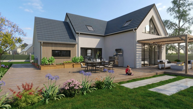 Rendu 3D extérieur d'une maison individuelle avec terrasse et pergola réalisé avec Cedreo