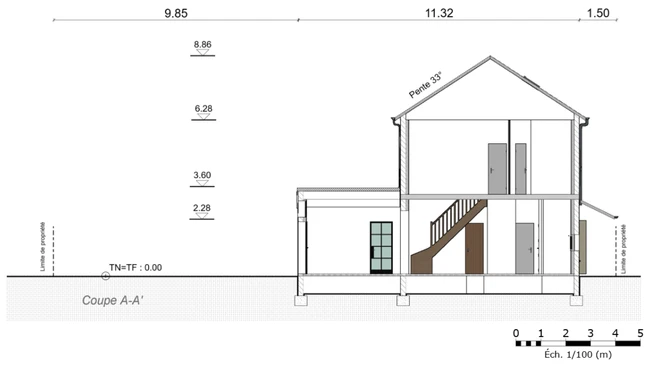 Plan de coupe AA d'une maison mitoyenne avec extension réalisé avec Cedreo