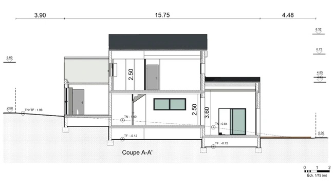 Plan de coupe d'une maison individuelle terrain en pente réaliser avec le logiciel Cedero