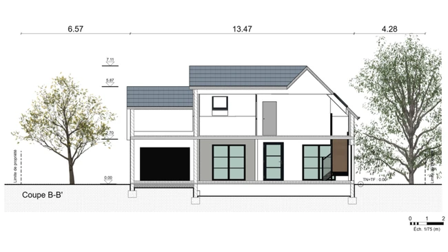 Plan de coupe d'une maison individuelle avec surélévation au dessus du garage réaliser avec le logiciel Cedero