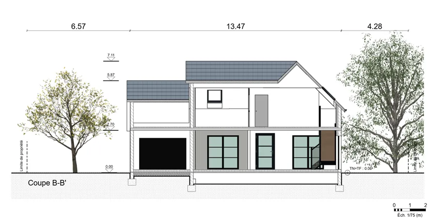 Plan de coupe d'un maison individuelle avec ses fondations réalisé par Cedreo