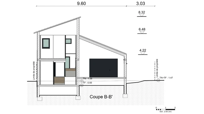 Plan de coupe complexe d'une maison mitoyenne avec demi niveau réaliser avec le logiciel Cedreo