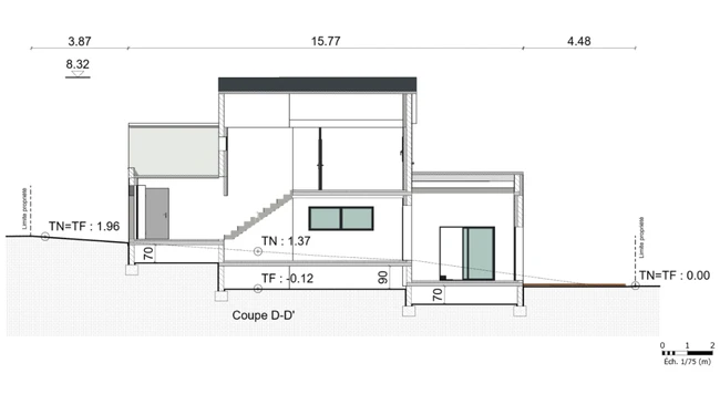 Plan de coupe d'une maison individuelle terrain en pente réaliser avec le logiciel Cedero