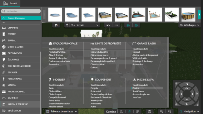 Interface du logiciel Cedreo représentant tout le catalogue des produits d'aménagement extérieur