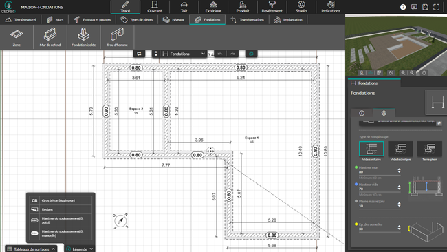 interface du logiciel Cedreo avec la fonctionnalité fondations
