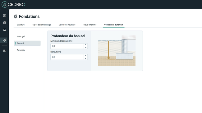 Interface du logiciel Cedreo : espace de paramétrage des fondations