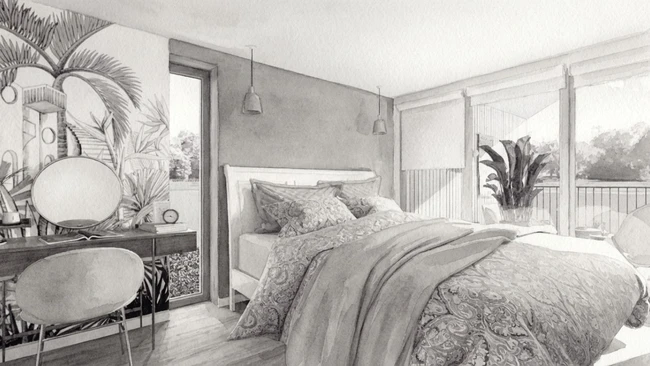 Rendu 3D d'une chambre avec effet IA aquarelle monochrome réalisé avec Cedreo