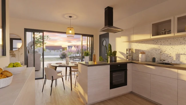 Cuisine pièce de vie avec ambiance coucher du soleil réaliser avec l'IA de Cedreo