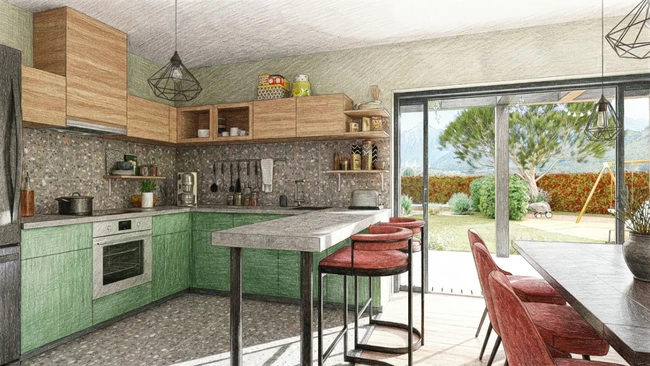 Rendu 3D IA intérieur d'une cuisine avec effet dessin coloré par Cedreo
