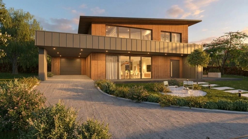 Réalisation d'un visuel 3D d'une maison contemporaine en bardage bois avec IA su le logiciel Cedreo