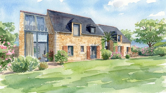 rendu 3D effat IA aquarelle d'un extérieur d'une maison en pierre avec une extension en verrière réaliser avec le logiciel Cedreo