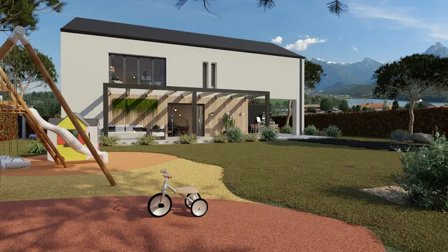 Rendu 3D extérieur avec terrasse, jardin et air de jeux pour enfant réaliser avec le logiciel Cedreo