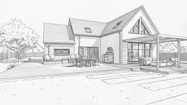 rendu 3D extérieur d'une maison individuelle avec le style IA architectural monochrome réaliser avec Cedreo
