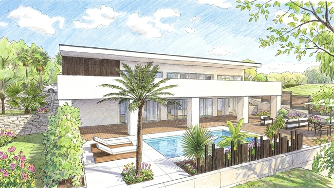 Rendu 3D extérieur d'un villa avec une effet IA croquis réalisé avec le logiciel Cedreo