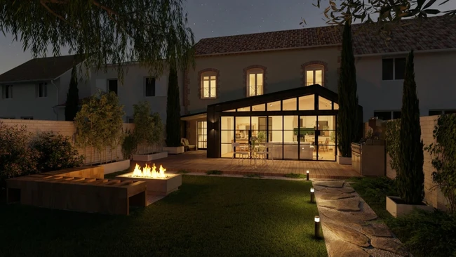 Rendu RD d'une maison avec extension véranda en version nuit grâce à l'IA de Cedreo