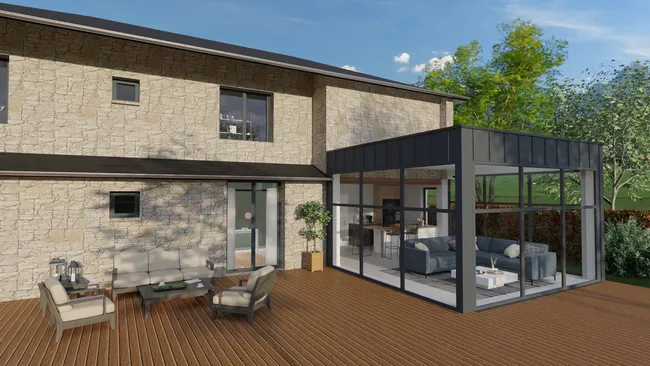 Rendu 3D d'une maison ancienne avec une extension contemporaine réalisé avec Cedreo