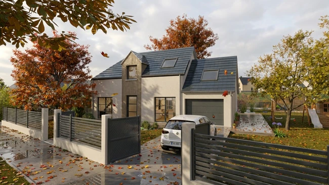Rendu 3D avec effet IA automne après la pluie d'une maison individuelle réalisé avec le logiciel Cedreo