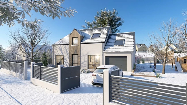 Rendu 3D extérieur en hiver d'une maison individuelle neuve réalisé avec le logiciel Cedreo