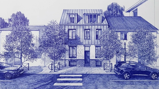 Rendu 3D IA maison de ville avec effet stylo bille réaliser avec Cedreo