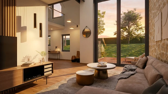 Rendu 3D d'un salon avec ambiance coucher de soleil réaliser avec les effets IA de Cedreo
